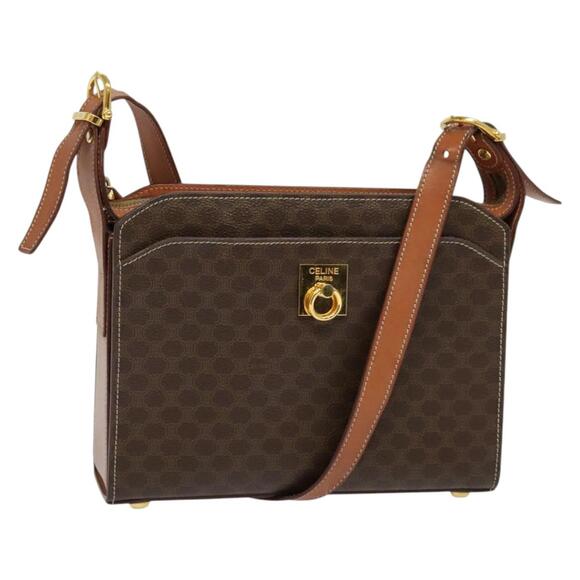 CELINE Macadam Canvas Shoulder Bag Pvc Leather Brown Gold - Picture 1 of 12